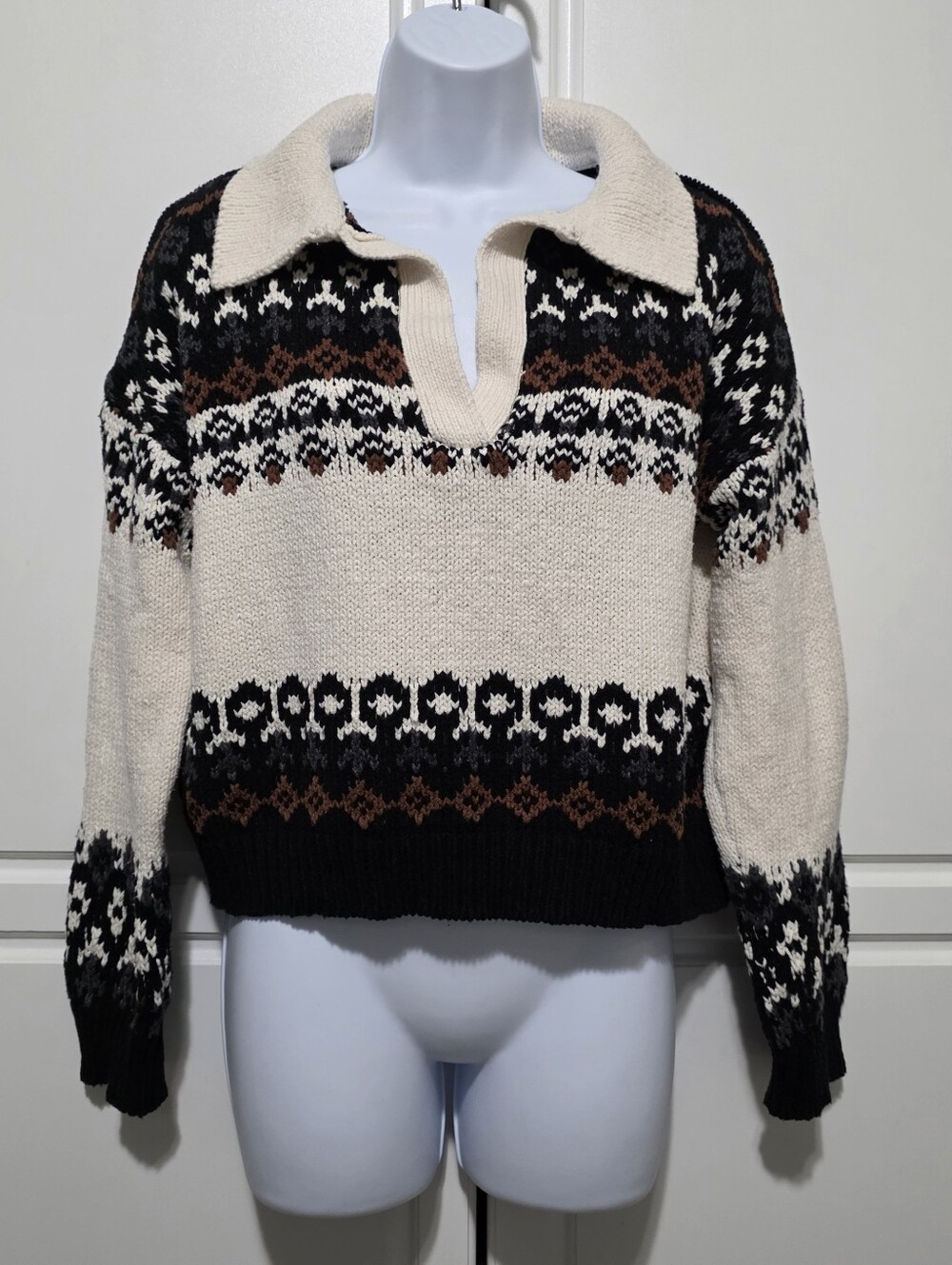 Marled Womens Cream Black Fair Isle Knit Sweater Collared V-Neck Nordic Boho M